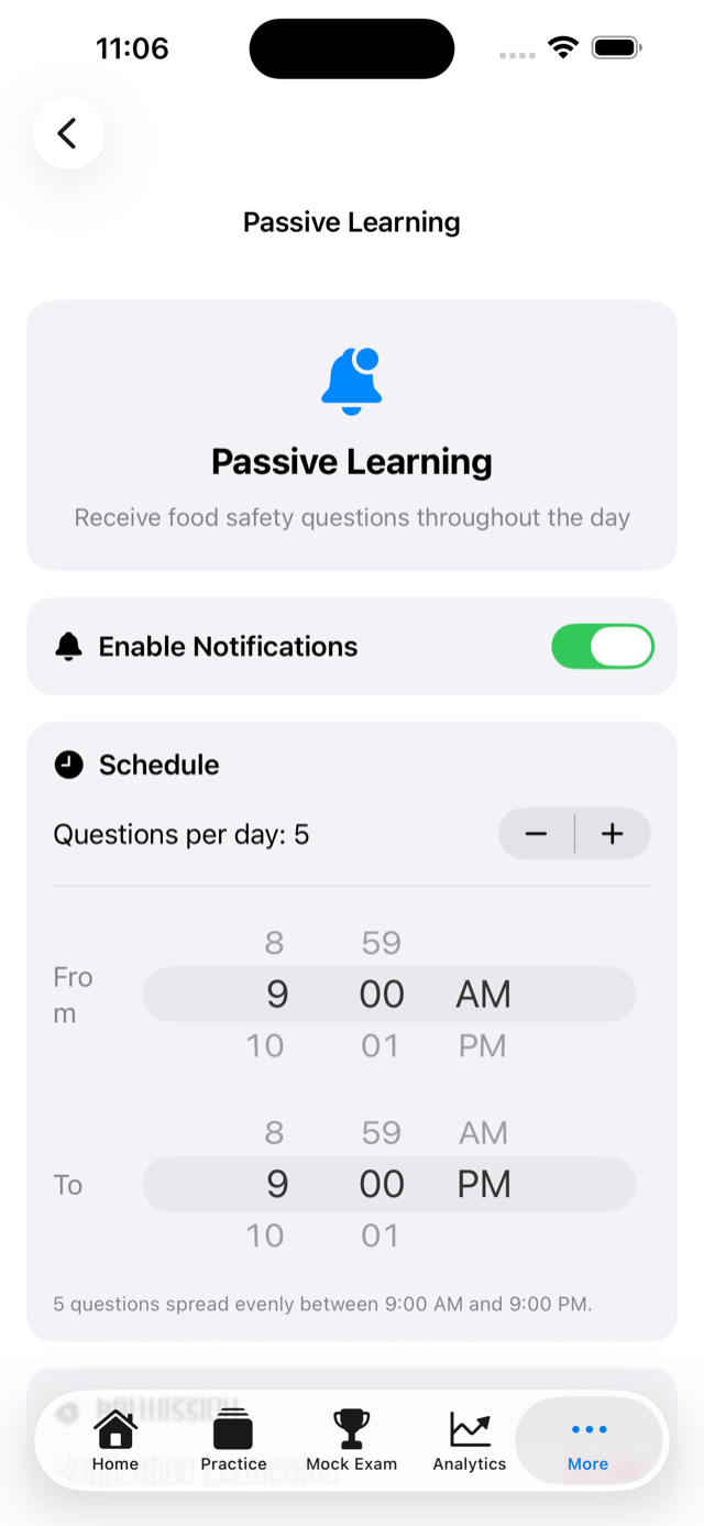 Learn screen showing passive notification question settings