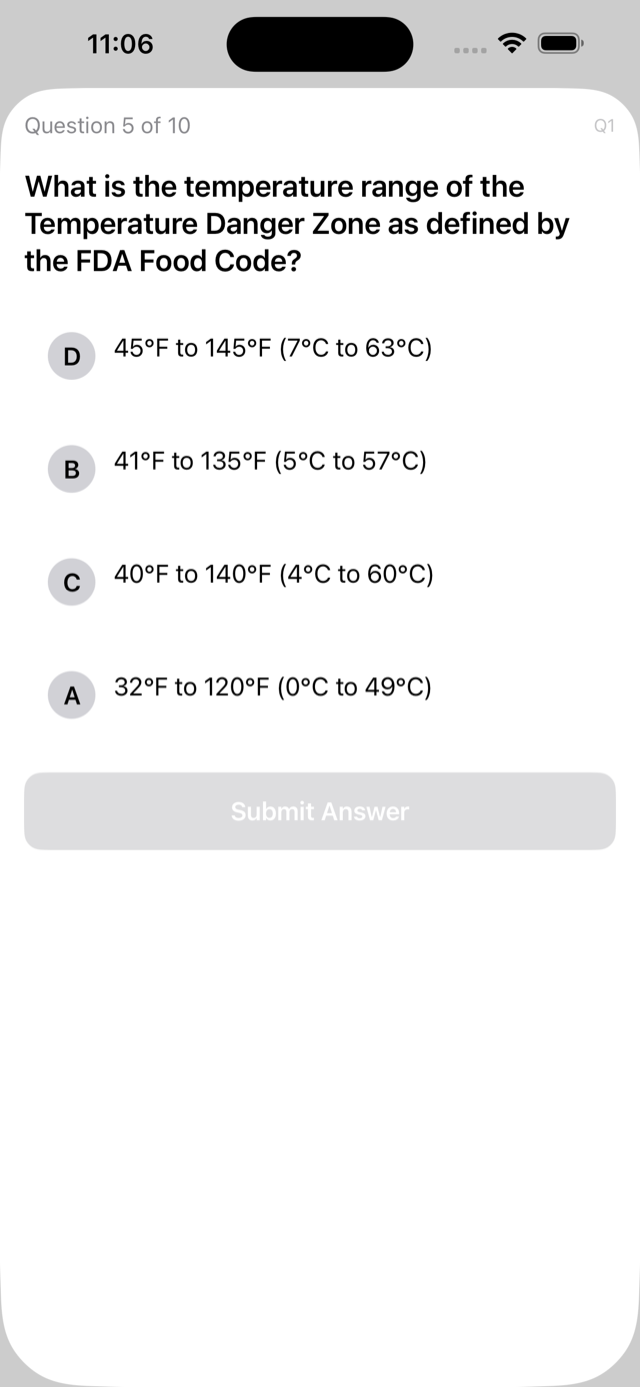 Question detail screen with FDA Food Code explanation